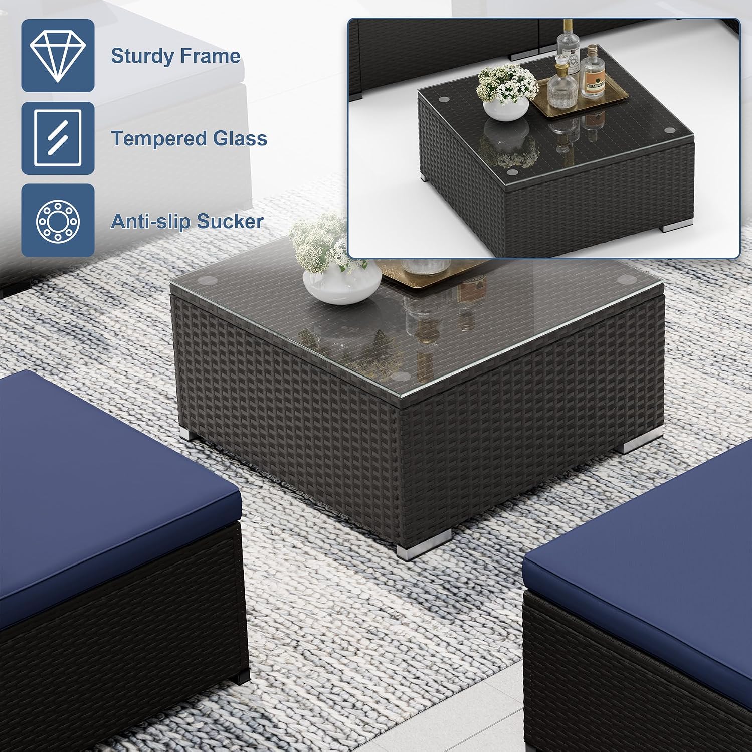 Oakcloud 5-Piece Outdoor Patio Furniture Sofa Set Black Rattan Wicker Sectional Conversation Sets with Glass Top Table and Cushions(Dark Blue)