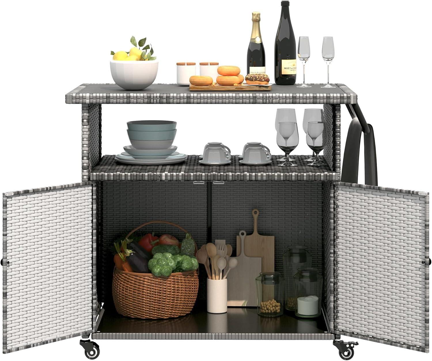 Outdoor Storage Cabinet on Wheels, Outdoor Bar Table with Rounded Handle, Rolling Wicker Storage Cabinet for Backyard,Poolside,Garden, Grey