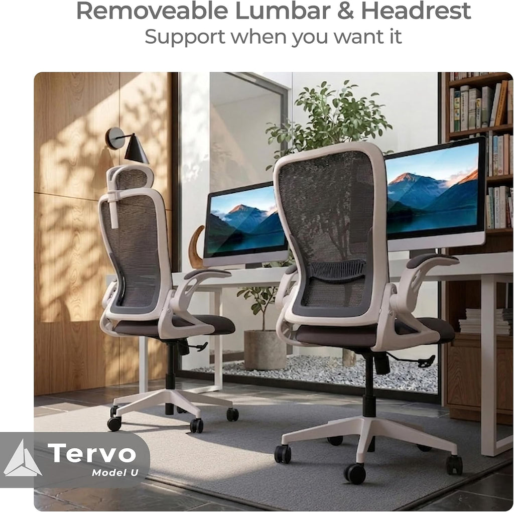 Tervo Model U | Folding Office Chair for Small Spaces | Ergonomic Design with High Rebound Mesh | Computer Desk Chair for Gaming | For Adults & Kids | Foldable & Compact with Flip Up Arms