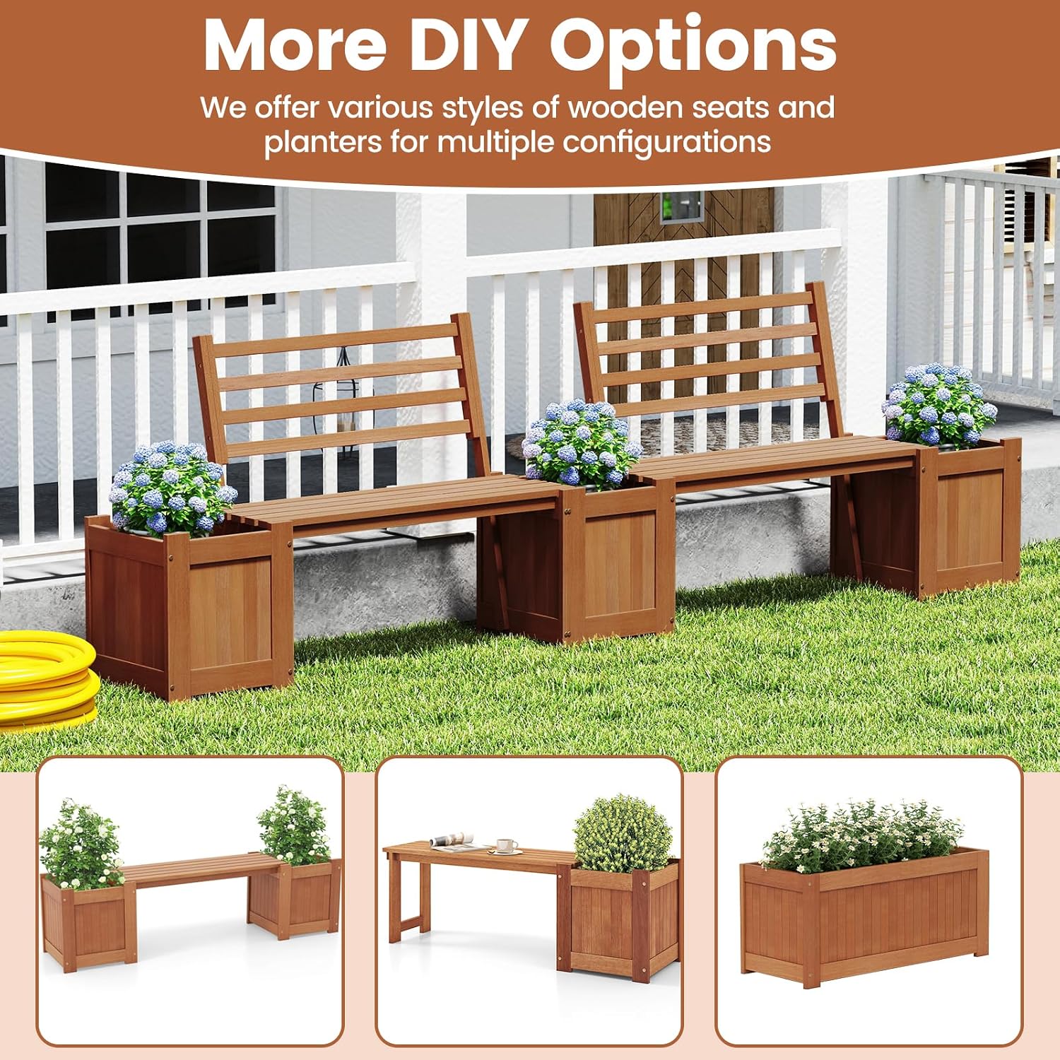 Giantex 2-in-1 Outdoor Bench with Backrest & 2 Raised Garden Beds, Wood with Teak Oil Finish, Planter Boxes with Open-Ended Base, Garden Bench Seat for Porch Balcony Lawn Yard, DIY Assembly