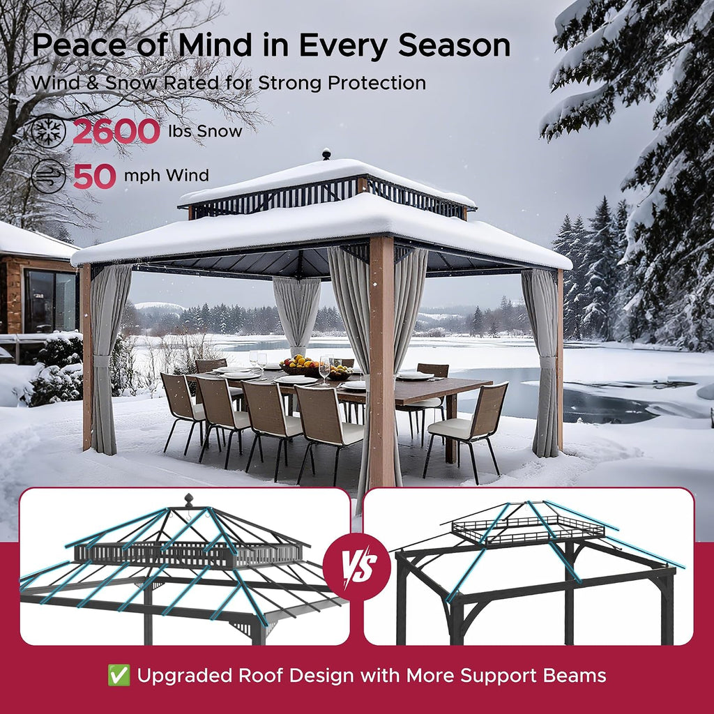 SUNJOY Kingston 14' x 12' Hardtop Gazebo with Galvanized Steel/Polycarbonate Double Roof, Curtain and Netting, Woodgrain Finish Aluminum Posts Permanent Pavilion Gazebo for Garden, Patio, Deck, Lawn