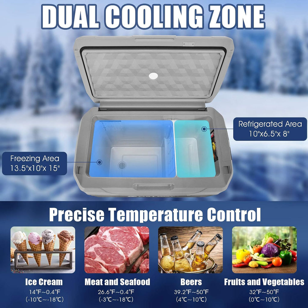 COSTWAY Car Refrigerator with Wheels, 42-Quart Dual-zone Electric Cooler with Telescopic Handle, 12V/24V DC, 100-240V AC, -4°F To 50°F, Portable Fridge Freezer for RV Camping Travel, Grey+Black