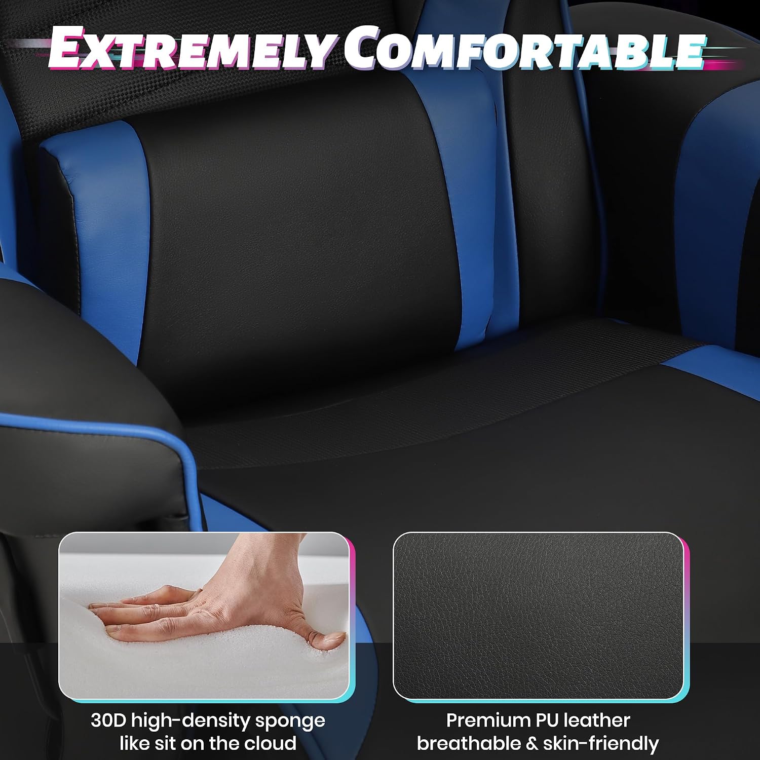 Game Reclining Chair with Adjustable Height, PU Gaming Chair with Massage, Long Footrest and Lumbar Support, High Back Swivel Computer Game Chair for Adult(Blue)