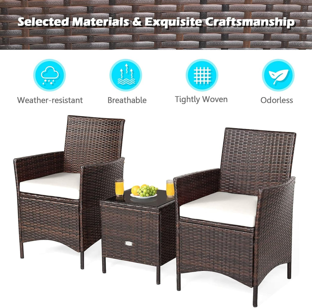 HAPPYGRILL 3 Pieces Rattan Patio Bistro Set, PE Wicker Furniture Set Outdoor Conversation Set with Coffee Table & Soft Cushions Porch Furniture Set for Garden Lawn Poolside Backyard