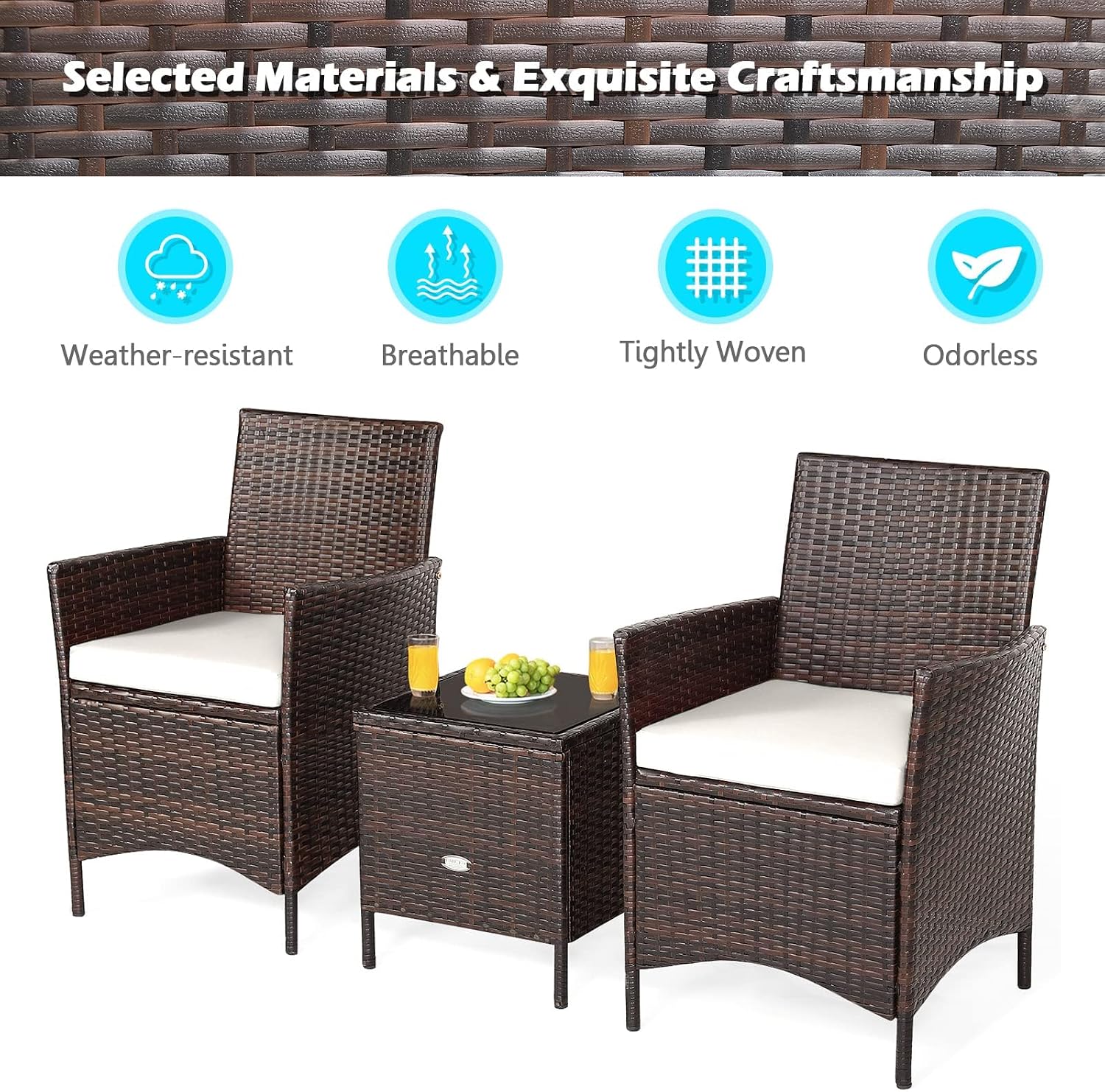 HAPPYGRILL 3 Pieces Rattan Patio Bistro Set, PE Wicker Furniture Set Outdoor Conversation Set with Coffee Table & Soft Cushions Porch Furniture Set for Garden Lawn Poolside Backyard