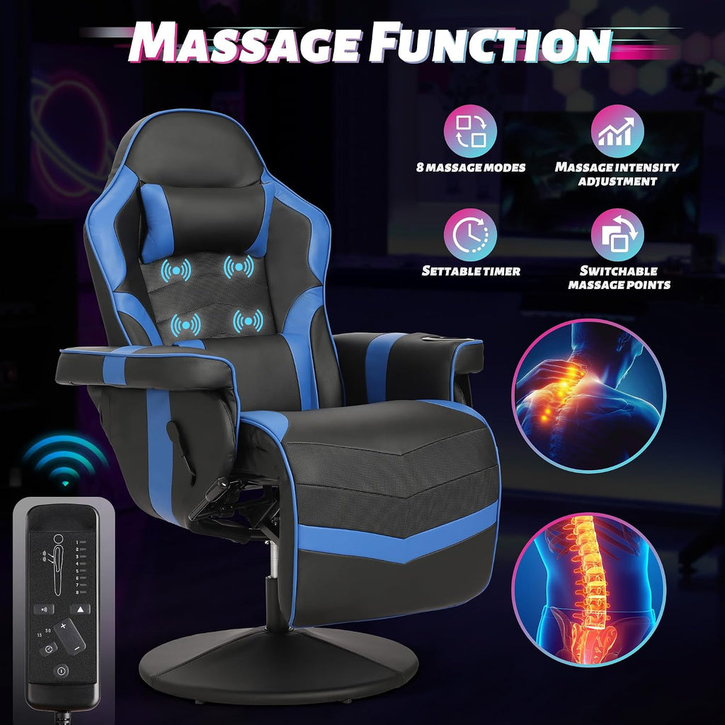 Game Reclining Chair with Adjustable Height, PU Gaming Chair with Massage, Long Footrest and Lumbar Support, High Back Swivel Computer Game Chair for Adult(Blue)