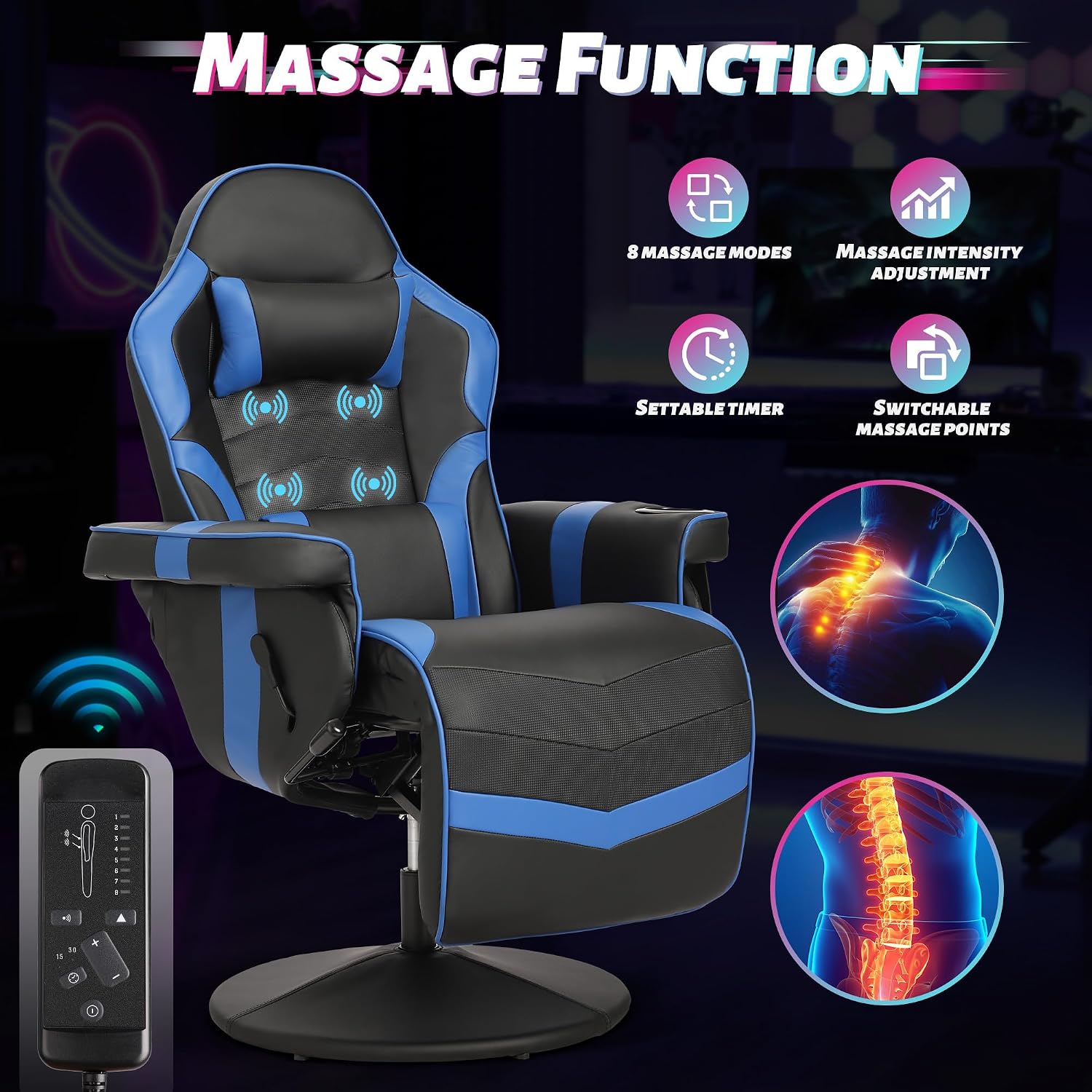 Game Reclining Chair with Adjustable Height, PU Gaming Chair with Massage, Long Footrest and Lumbar Support, High Back Swivel Computer Game Chair for Adult(Blue)
