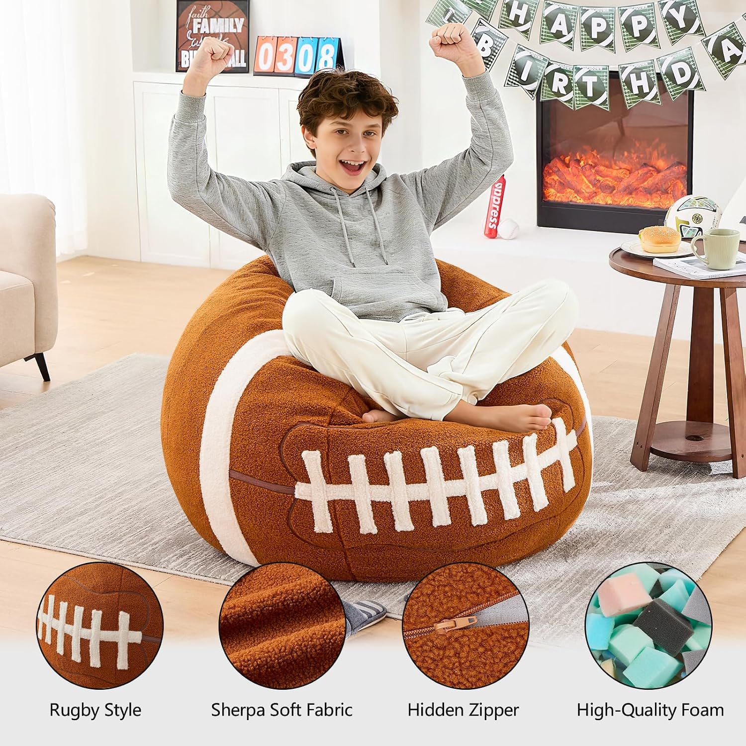 Sports Football Bean Bag Chair - Luxurious Bean Bag Chairs for Kids Teens Adults - Floor Sofa Couch with Filler - Plush BeanBag Furniture for Living Room Bedroom College Dorm - 32 Inch