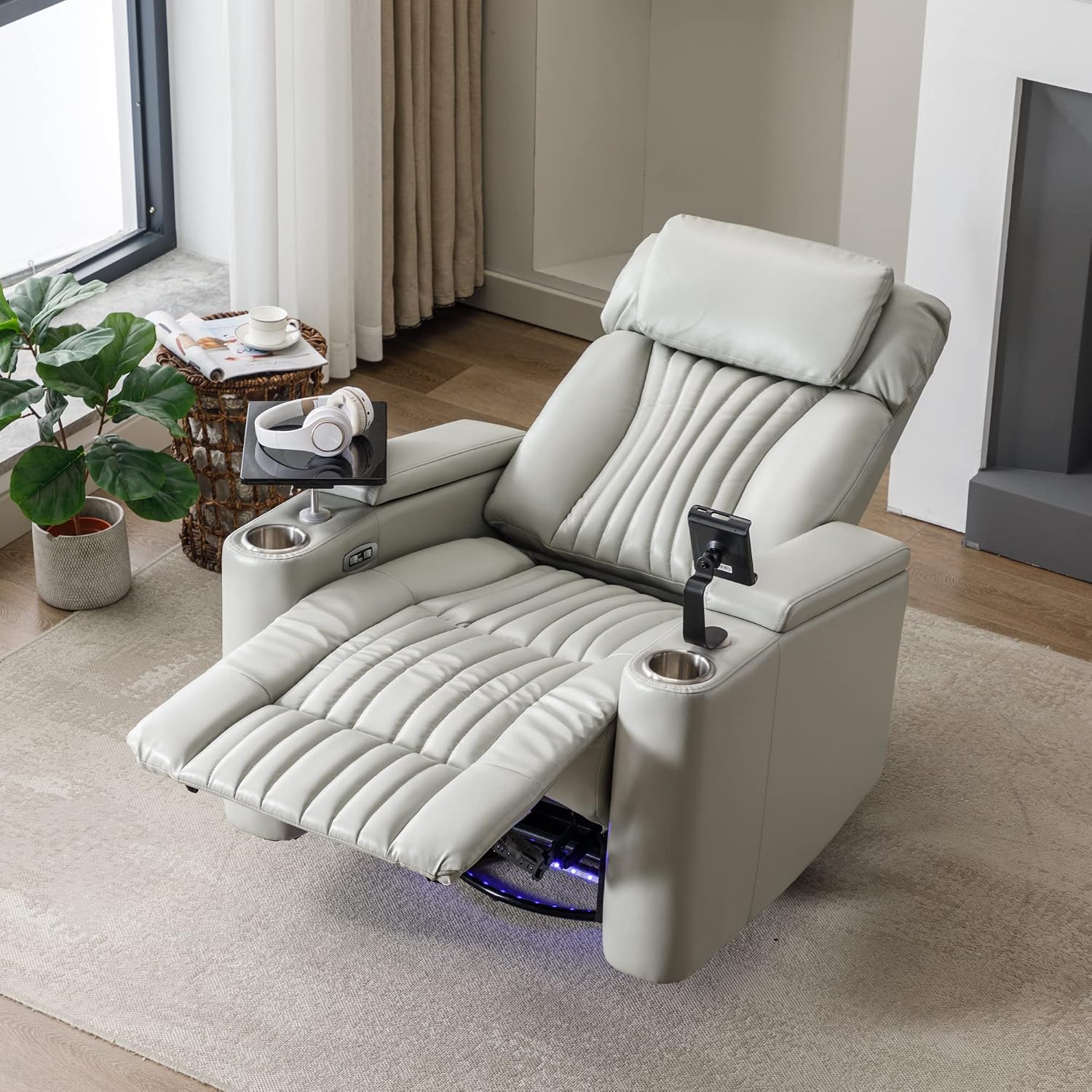 Merax 270 Degrees Power Swivel Recliner,Home Theater Seating with Hidden Arm Storage and LED Light Strip,Cup Holder,360 Degrees Swivel Tray Table,and Cell Phone Holder,Soft Living Room Chair,Grey
