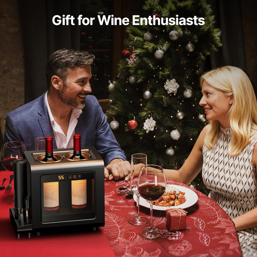 Ca'Lefort Electric Wine Chiller - 46-64°F Wine Cooler for 2 Standard Bottles (3.6' Dia.), All-in-1 Set Electric Opener & 2 Glasses, Perfect for Red, White, Champagne at Home/Office, Gift for Men Women