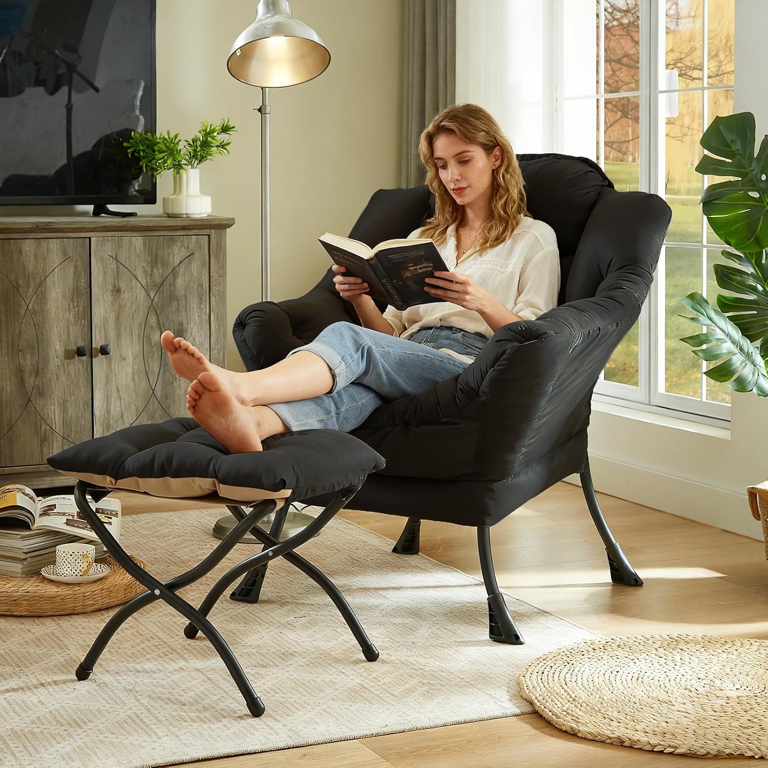 HollyHOME Lazy Chair with Foldable Ottoman, Accent Comfy Lounge Armchair and Folding Footrest Stool, Leisure Sofa Reading Chair and Footstool for Living Room, Bedroom, Dorm,Peachskin Fabric Black