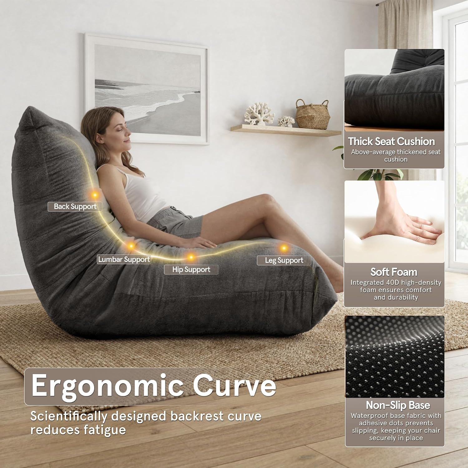 Sytopia Bean Bag Chair, Large Reading Chair for Adults Ultra-Comfy, Corner Sofa 40D Foam, Togo Sofa Furniture for Living Room Bedroom Gaming, Black Onyx