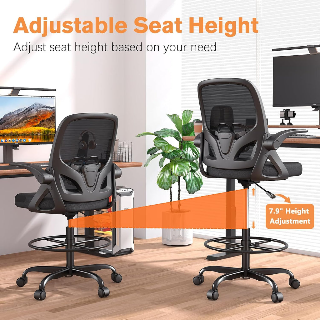 ORRSAKER Drafting Chair Tall Office Chair for Standing Desk, Breathable Mesh Ergonomic Computer Desk Chair with Flip-Up Armrests, Adjustable Lumbar Support and Footrest Ring,300 LBS，Black