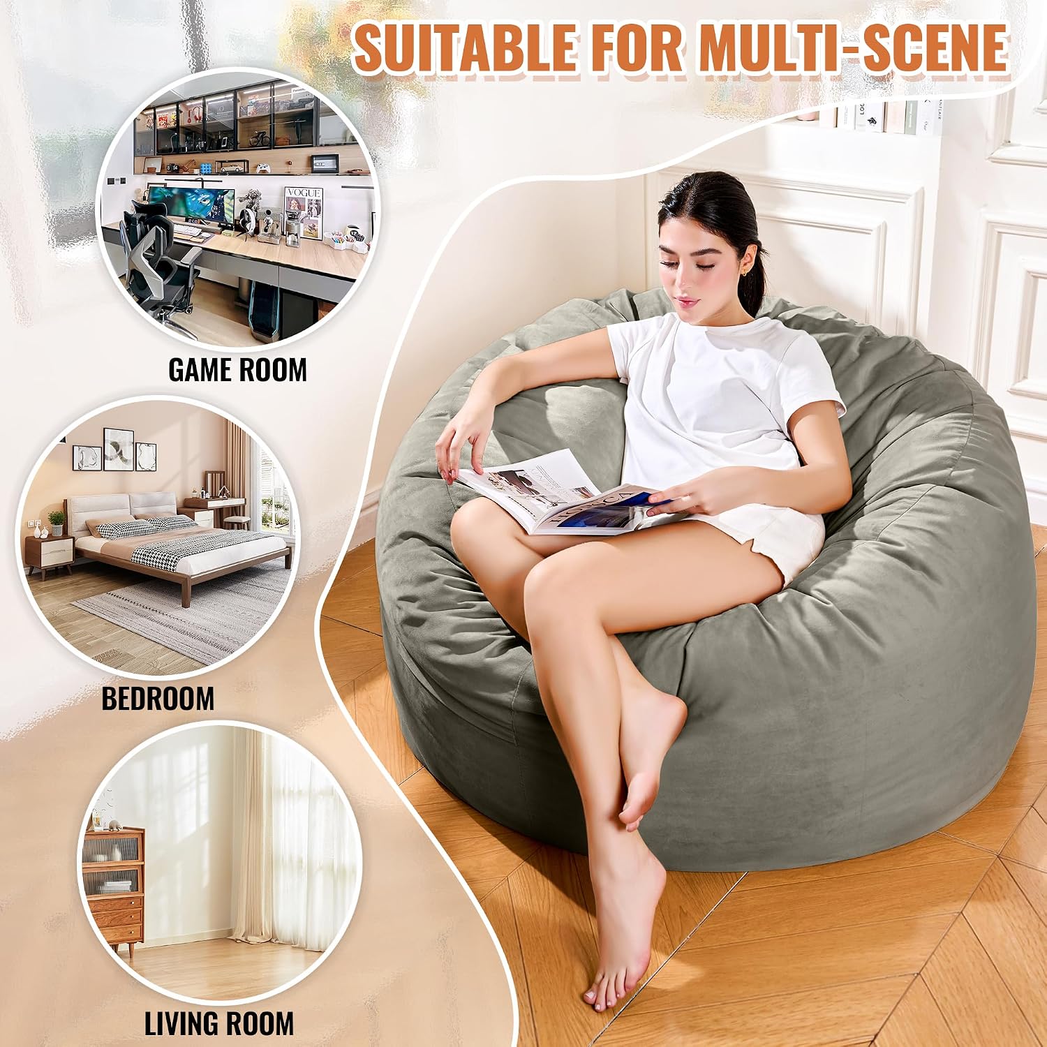 4FT Bean Bag Chair, Bean Bag Chairs for Adults and Kids, Fluffy and Comfy Bean Bag with Velvet Cover, Bean Bag with Memory Foam Filled for Gaming, Living Room, Playroom (Dark Grey)