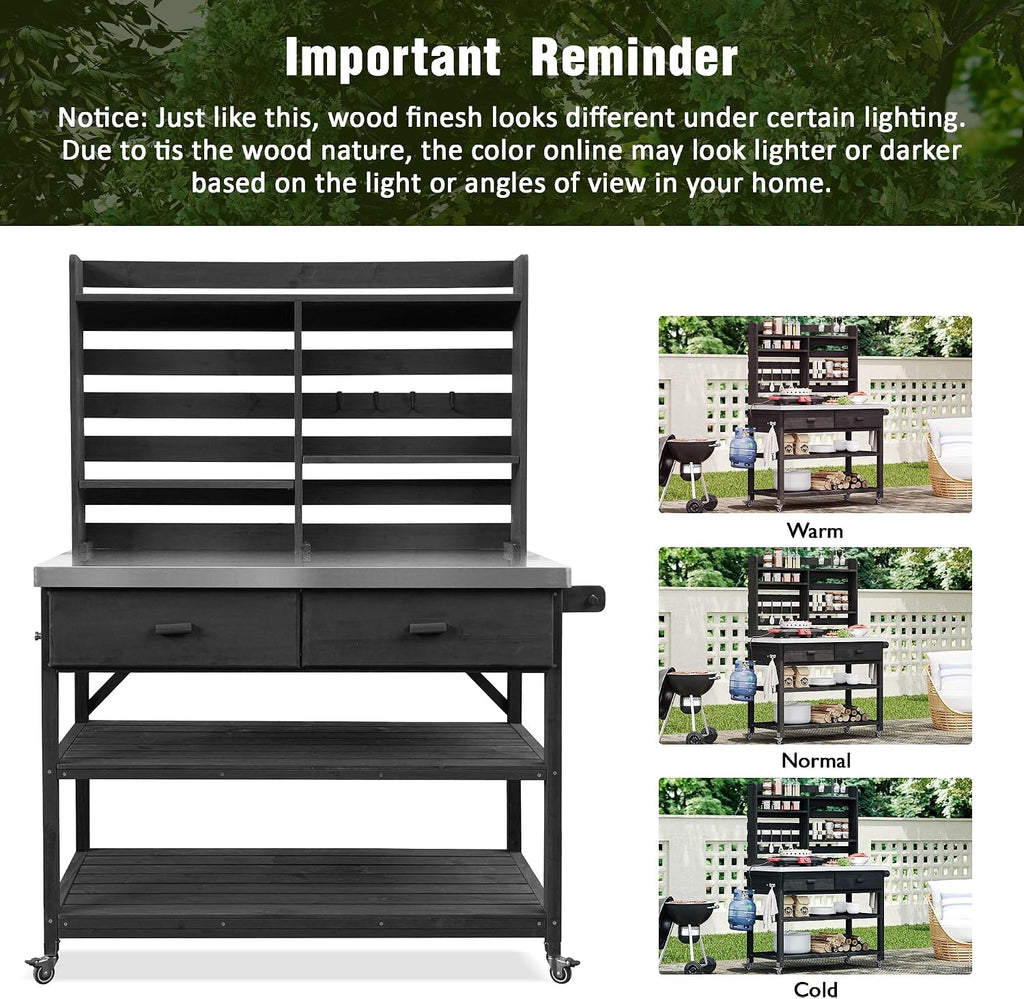 Outdoor Potting Bench Table with Lockable Wheels, Solid Wood Outdoor Kitchen Island with Upper Hutch, Stainless Steel Top, Storage for Grilling, Lawn & Garden