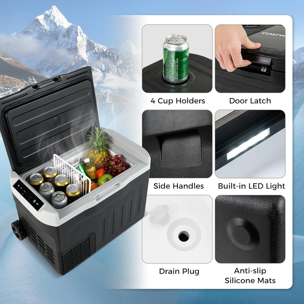 COSTWAY Portable Car Refrigerator, 32-quart Car Fridge with Adjustable Range -4℉~68℉, 12/24V DC 100-240V AC Electric Cooler Freezer with Divider for Camping, RV, Travel, Fishing, Home, Black