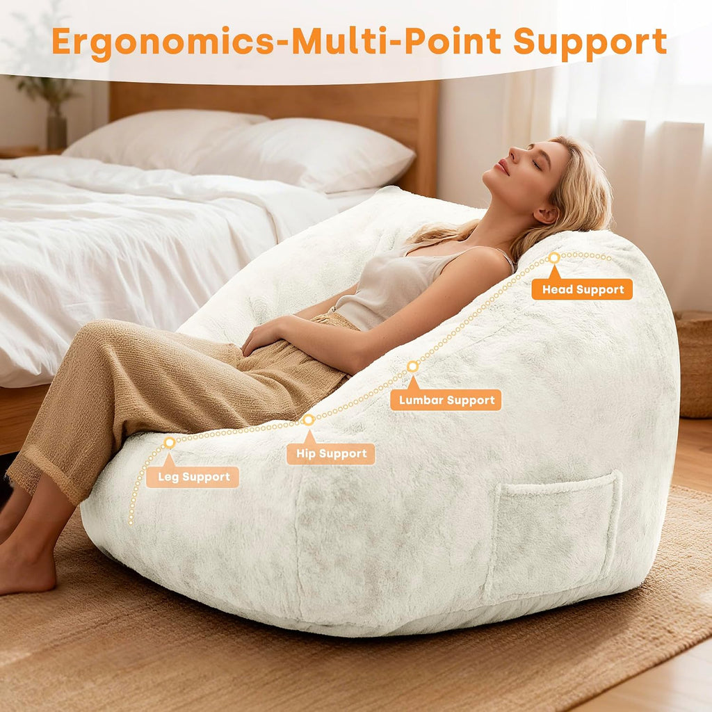COSIEST Large Bean Bag Chair for Adults, Giant Bean Bag Couch with Armrests & Side Pocket, L-Shaped Faux Fur Beanbag Lounge Sofa Chair, Comfy Floor Sofa for Bedroom Living Room Reading, Cream White