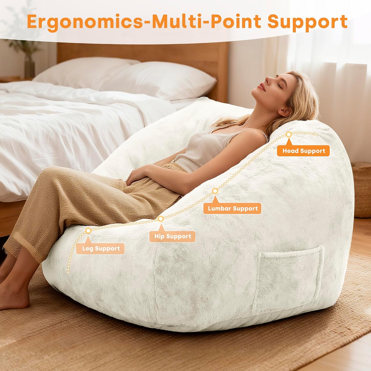 COSIEST Large Bean Bag Chair for Adults, Giant Bean Bag Couch with Armrests & Side Pocket, L-Shaped Faux Fur Beanbag Lounge Sofa Chair, Comfy Floor Sofa for Bedroom Living Room Reading, Cream White