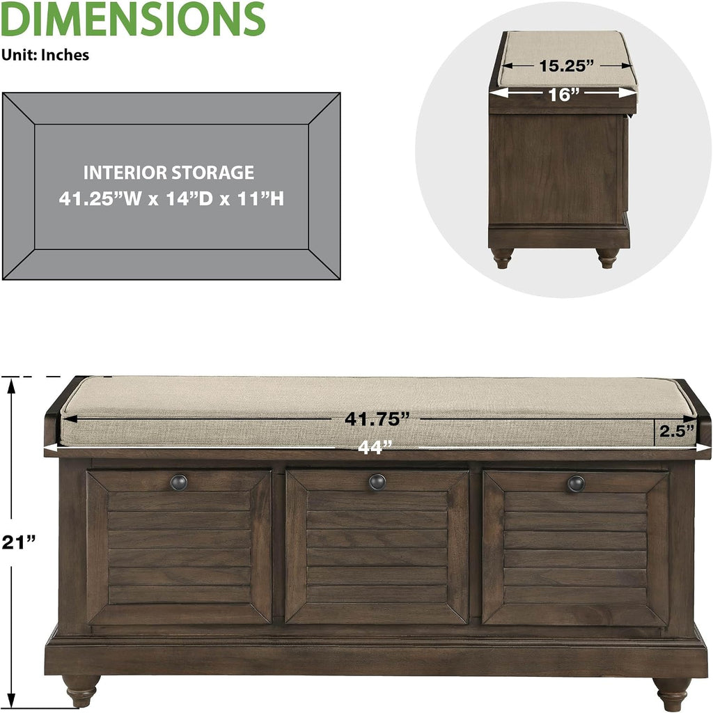 OSP Home Furnishings Dover Coastal Lift-Top Storage Bench with Shutter Face Styling, Dark Walnut Finish with Beige Fabric Cushion