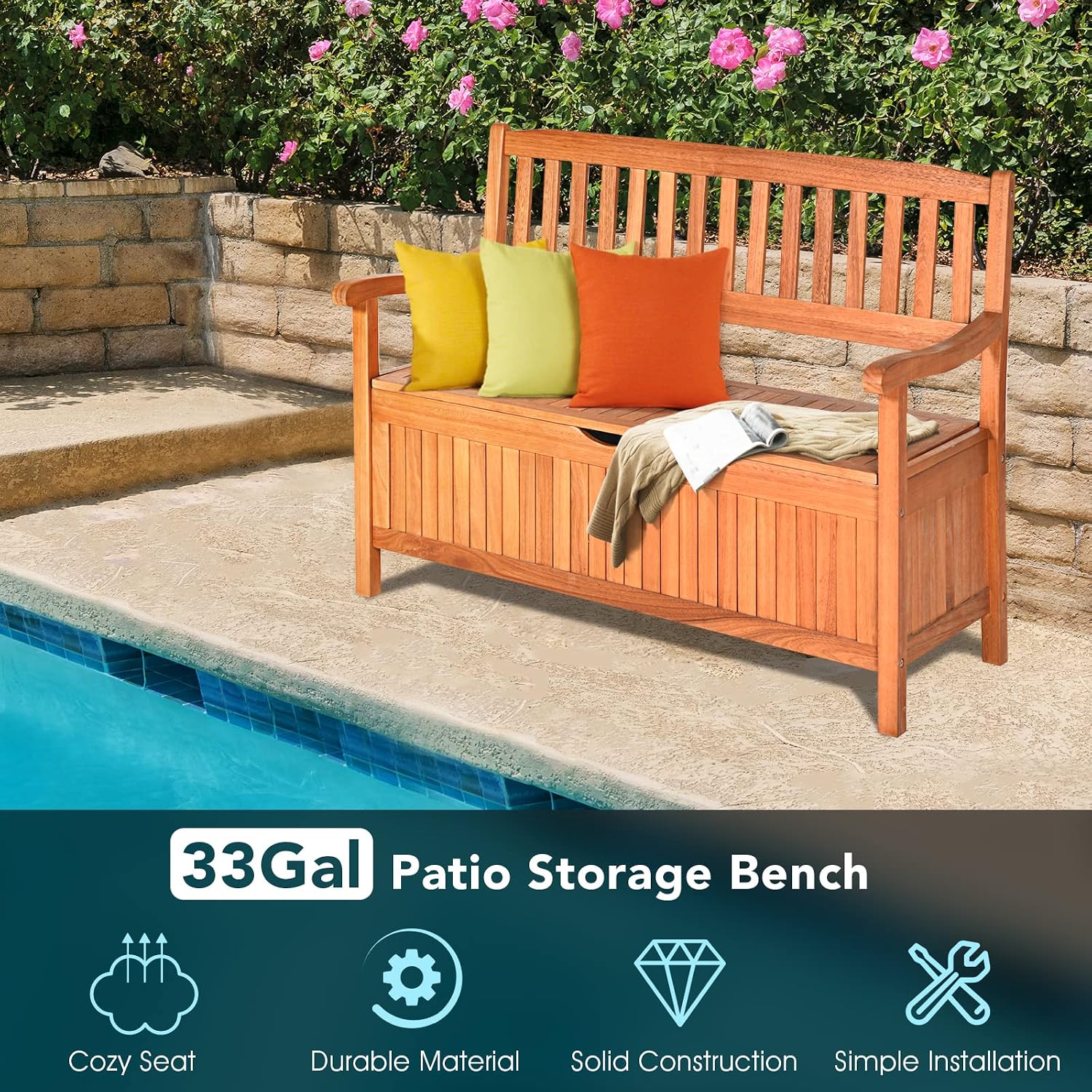 Foldable Outdoor Bench, Garden Bench w/High Back & Armrest, Acacia Wood Bench, 4 FT 2-Person Loveseat Chair for Front Porch, Patio, Backyard & Balcony, Teak Finish (w/Storage, Natural)