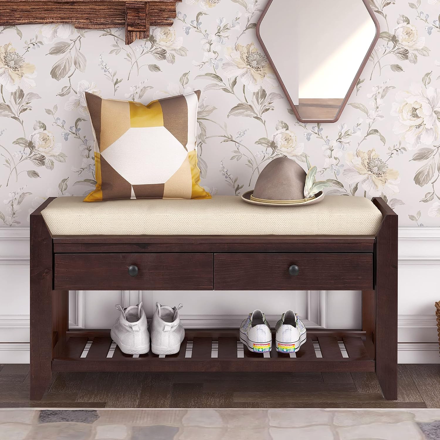 Harper & Bright Designs TREXM Shoe Rack with Cushioned Seat and Drawers, Multipurpose Entryway Storage Bench (Espresso)