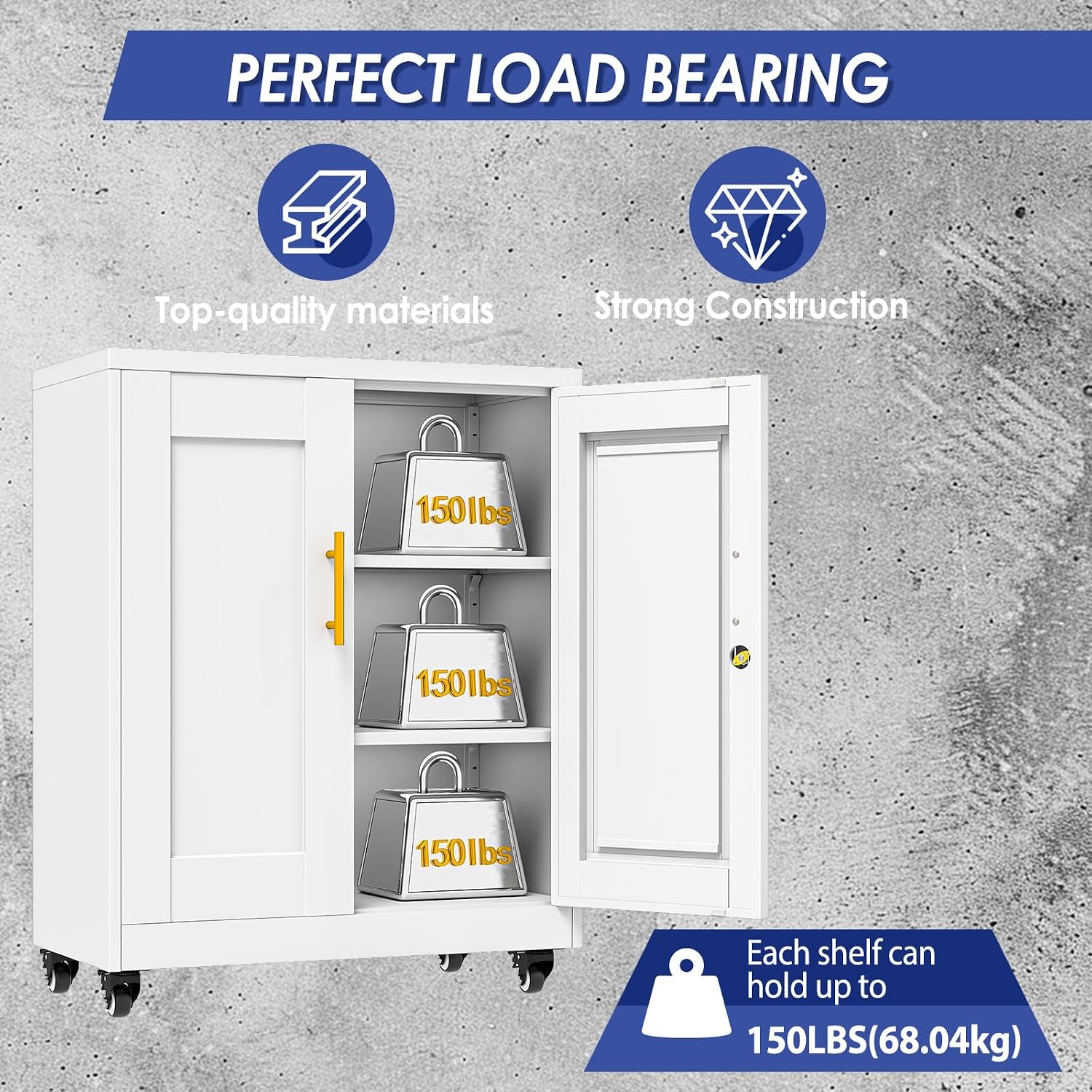 35.4' Metal Garage Storage Cabinet with Wheels and Locking Doors and Tall Rolling Steel Tool Cabinet with 2 Adjustable Shelves for Garage,Home,Office,Shop (White, 35.4''H x 27.6''W x13.8''D)