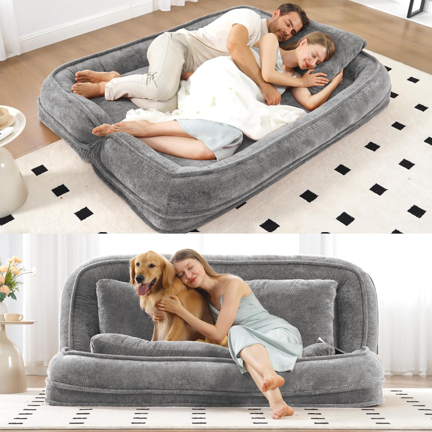 Floor Chair with Back Support, Human Dog Bed, Folding Loveseat with 5 Adjustable Position, 2 Pillows, Chenille Meditation Gaming Chair for Lazy Boys, Living Room, Lounge, Bedroom, Light Grey