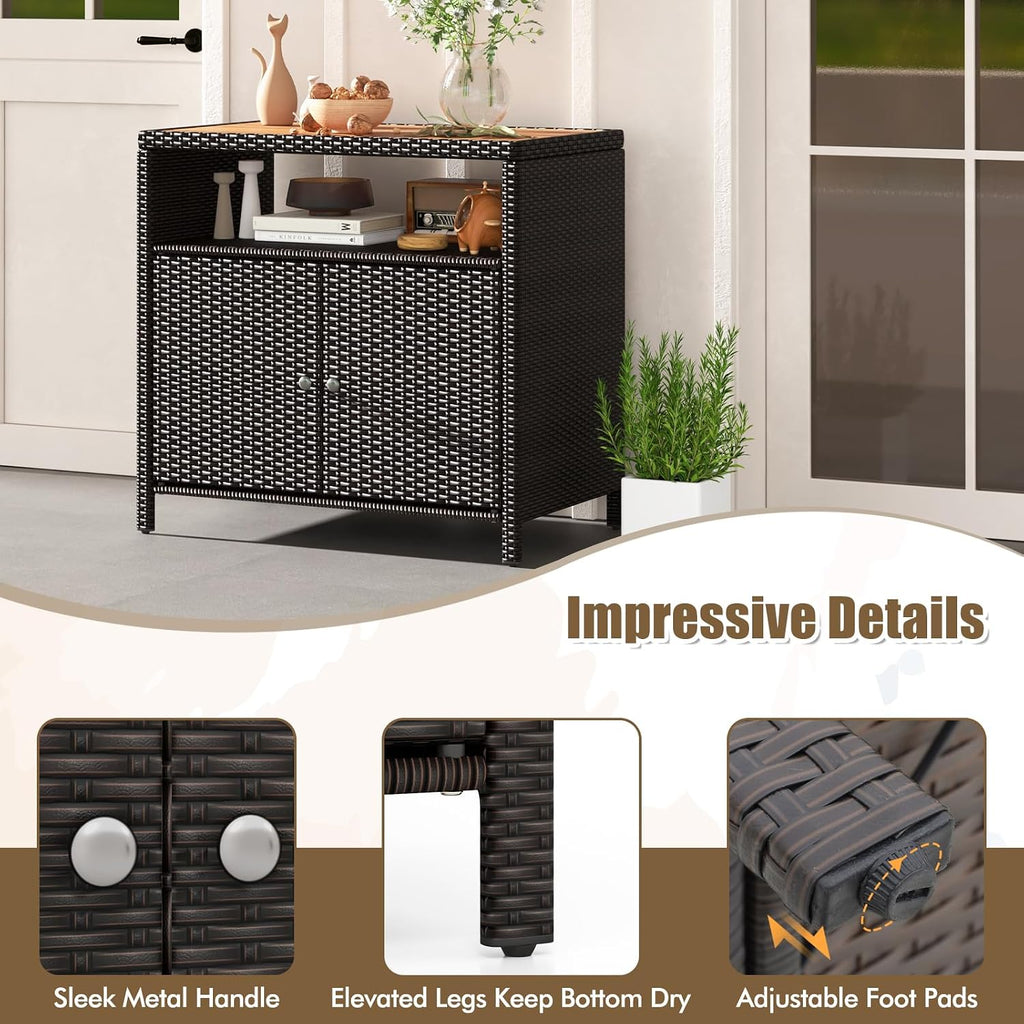 HAPPYGRILL Rattan Storage Cabinet, Patio Sideboard Buffet Cabinet with Acacia Wood Countertop, Open Shelf & 2 Door Cabinet, Wicker Storage Organizer for Garden Tools (Mixed Brown)