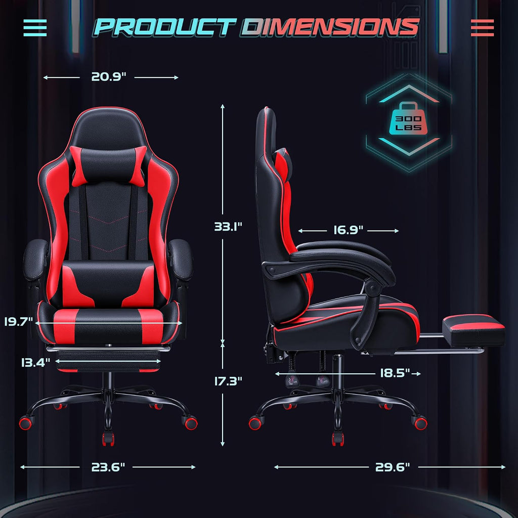 JUMMICO Gaming Chair Ergonomic Computer Chair with Footrest and Massage Lumbar Support, Height Adjustable Video Gaming Chair with 360° Swivel Seat and Headrest (Red)