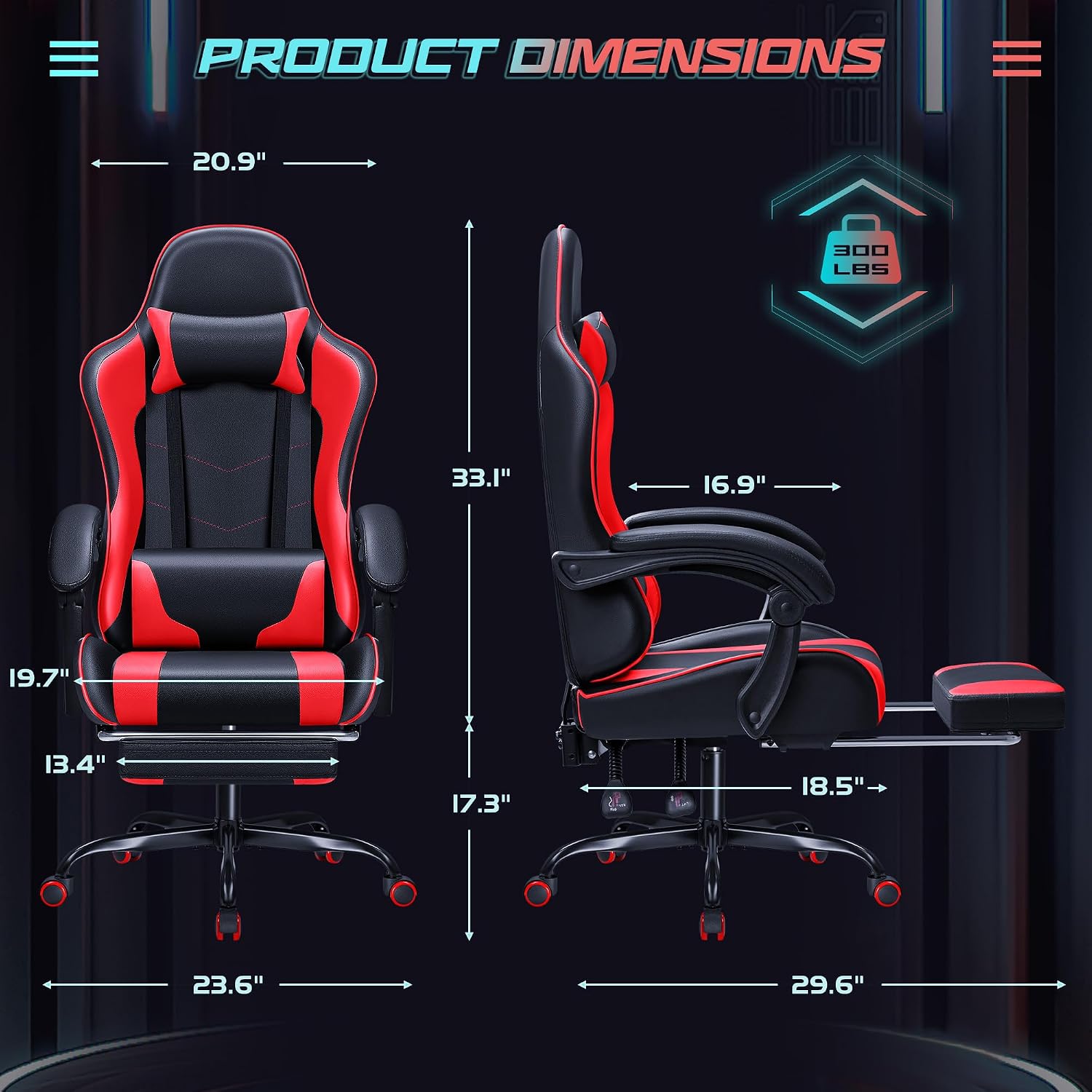 JUMMICO Gaming Chair Ergonomic Computer Chair with Footrest and Massage Lumbar Support, Height Adjustable Video Gaming Chair with 360° Swivel Seat and Headrest (Red)
