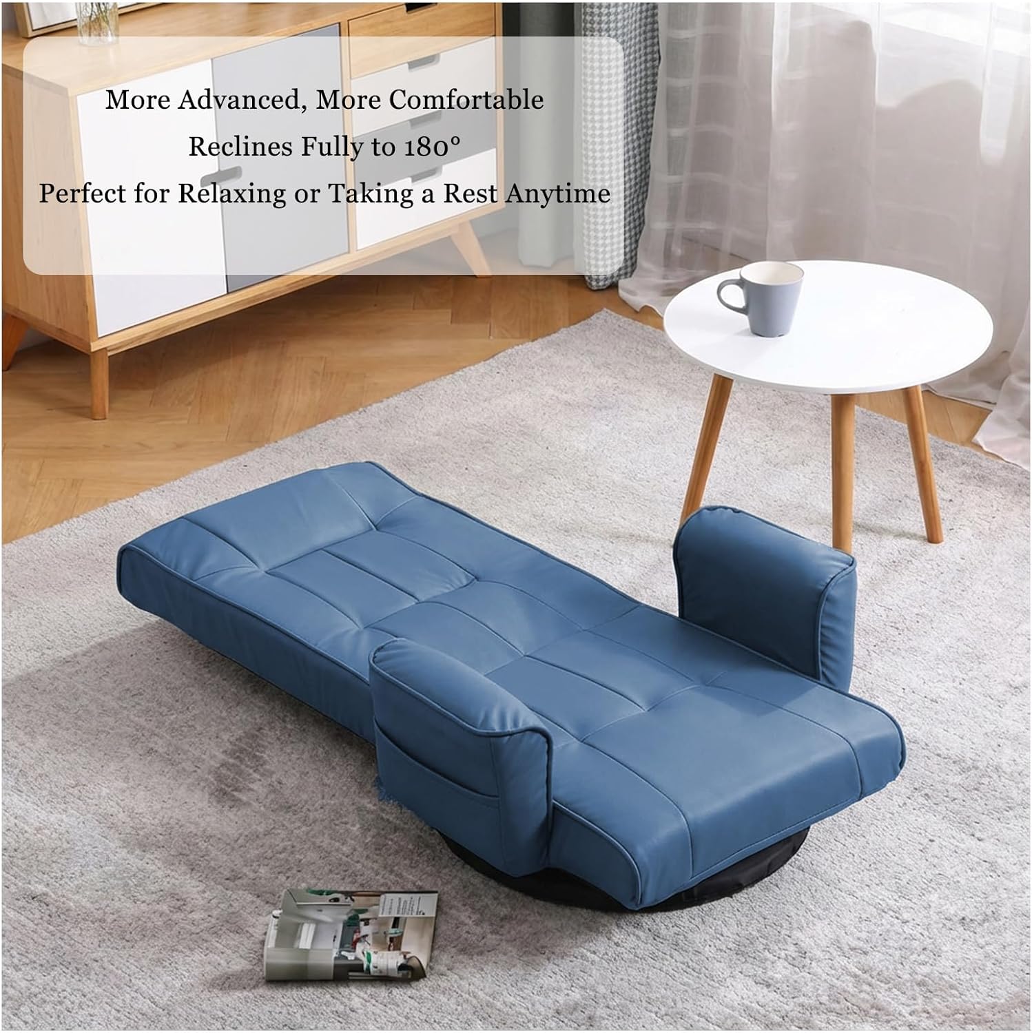 360° Swivel Floor Chair with Armrests, 14-Position Adjustable Floor Lounger for Adults, Folding Padded Floor Seat with Backrest for Gaming, Reading & Living Room (Blue)