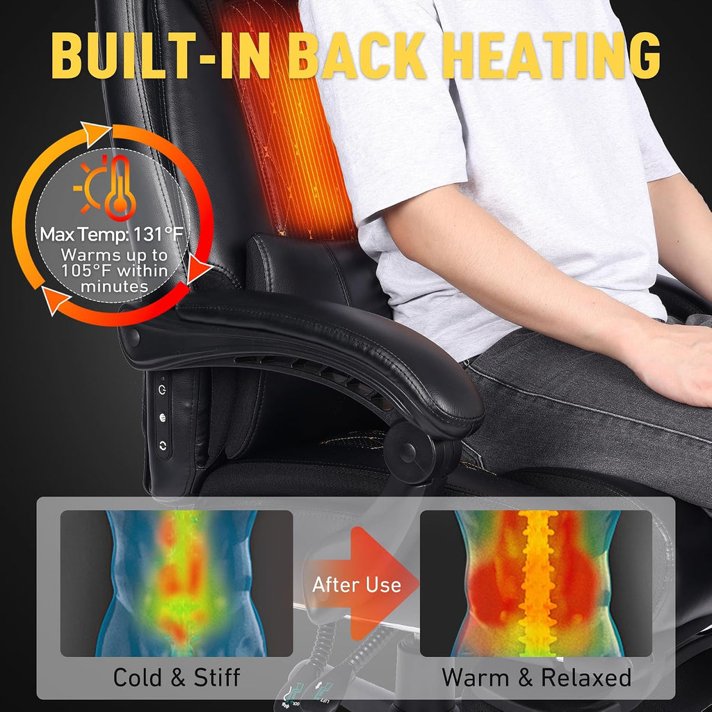 3D Kneading Massage Office Chair with Heat, 500 lbs Big and Tall Executive Computer Desk Recliner, Leather Electric Heated Chair with Footrest, Black