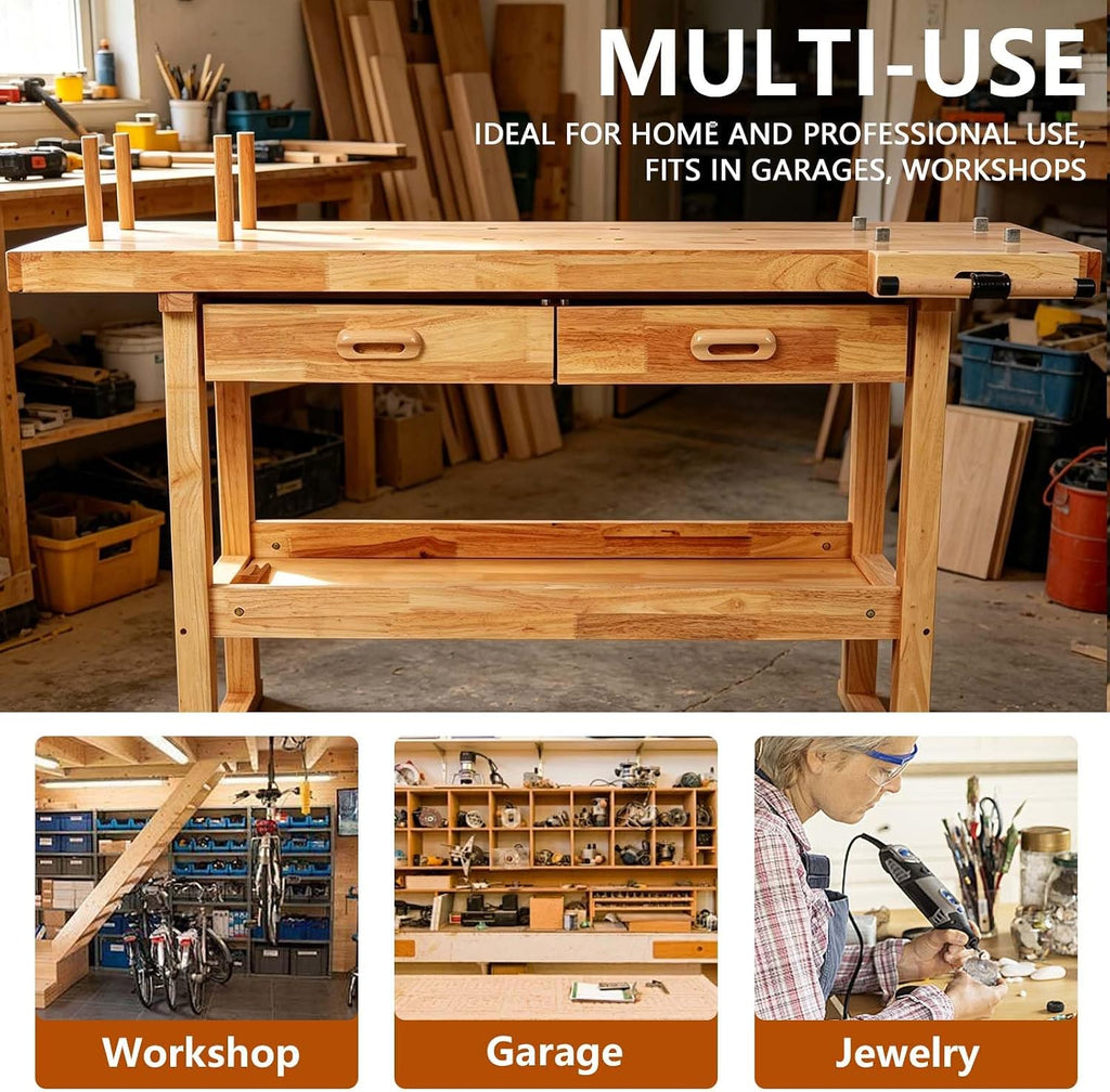60' Rubber Wood Workbench, Heavy Duty Work Bench with Drawer & Shelf, Work Bench Table for Garage, Workshop, Home Storage, Woodworking Bench, 330 lbs Weight Capacity (60' + 2 Drawers)