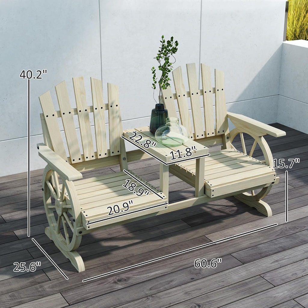 Outsunny Wooden Garden Bench with Table, Umbrella Hole, 2-Seater Wagon Wheel Outdoor Bench with Slatted Seat, High Backrest, Armrests for Backyard, Patio, Garden, Natural Wood