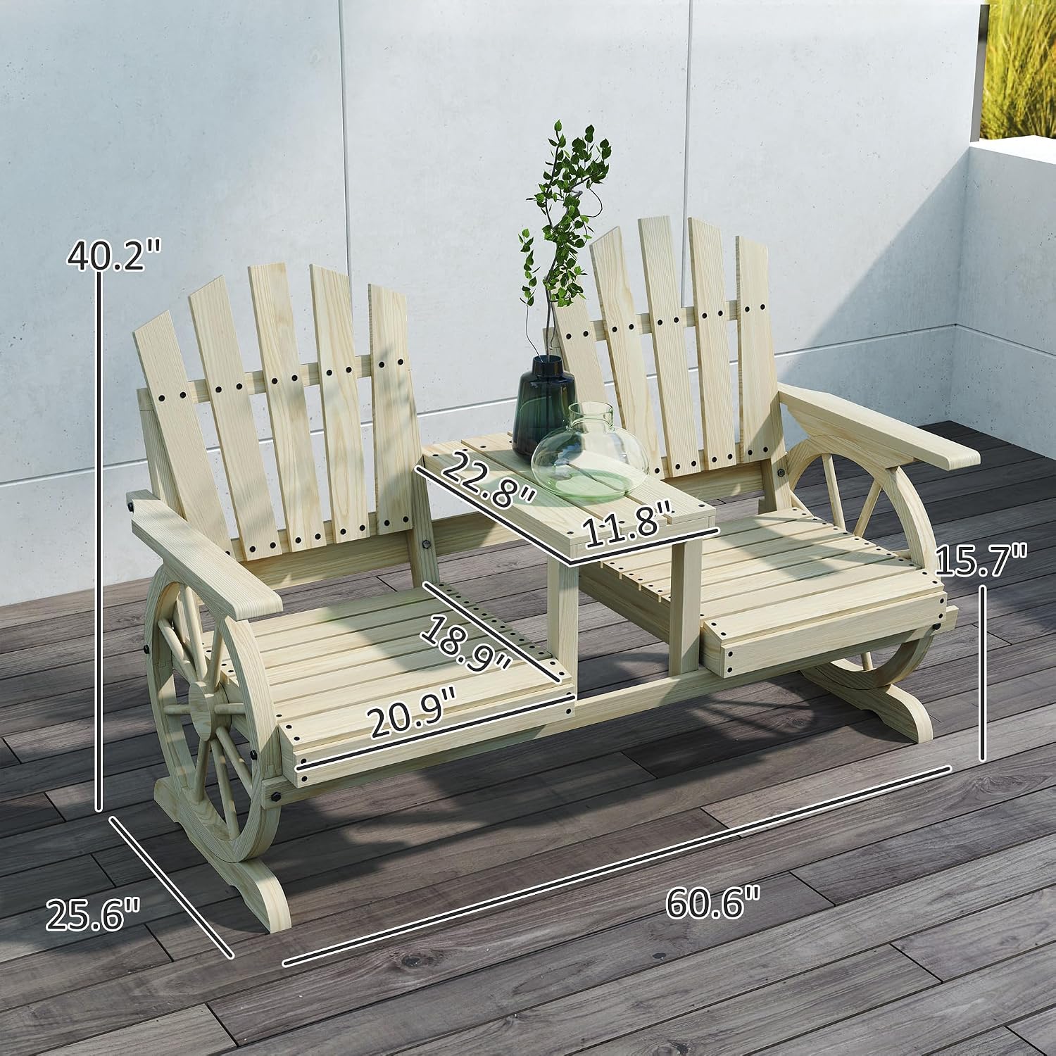 Outsunny Wooden Garden Bench with Table, Umbrella Hole, 2-Seater Wagon Wheel Outdoor Bench with Slatted Seat, High Backrest, Armrests for Backyard, Patio, Garden, Natural Wood