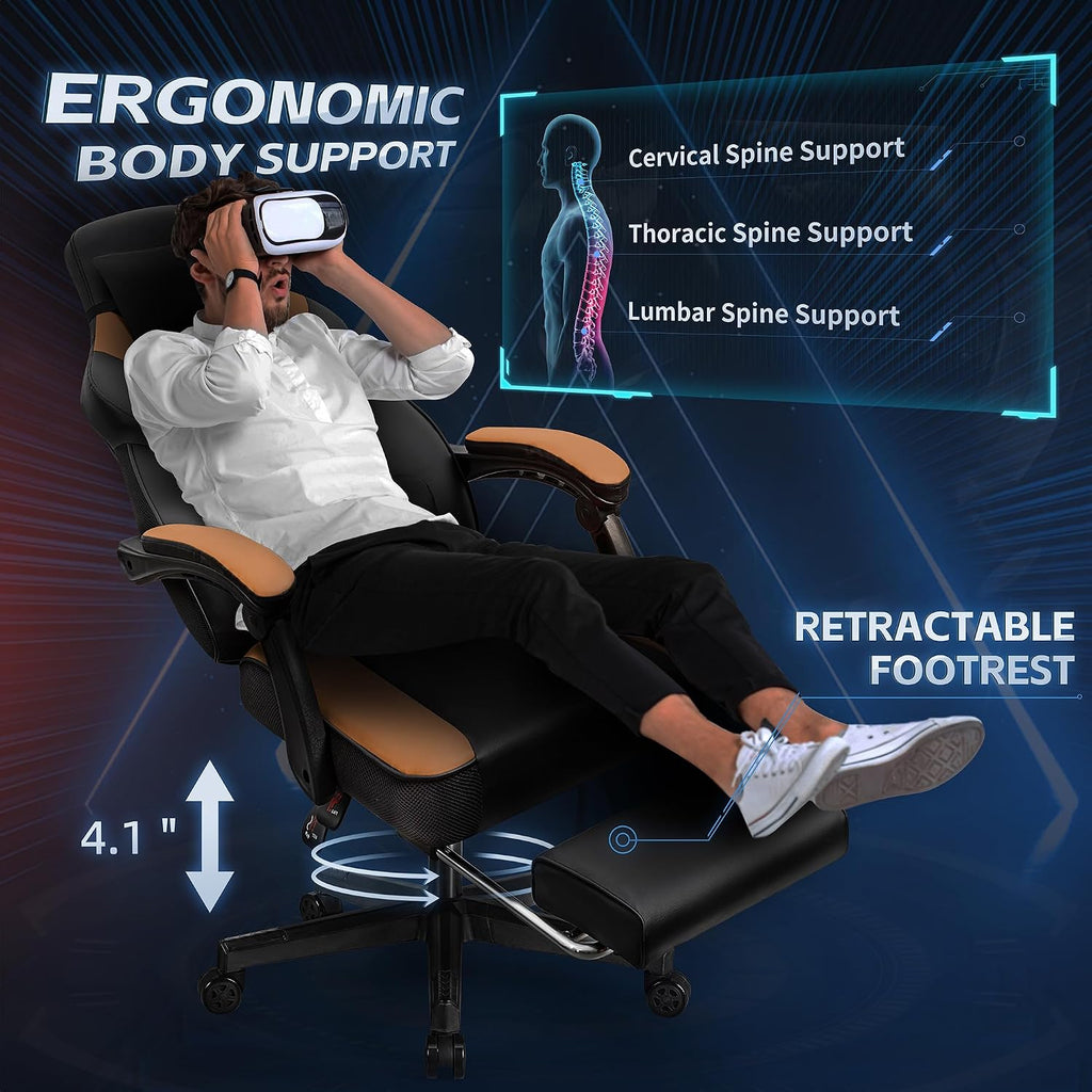 SUNLEI Gaming Chair for Adults, Ergonomic PU Leather Office Chair with Headrest & Footrest, Video Game Chairs with Massage Lumbar Support, Height Adjustable Computer Chair with 360° Swivel, Walnut Red