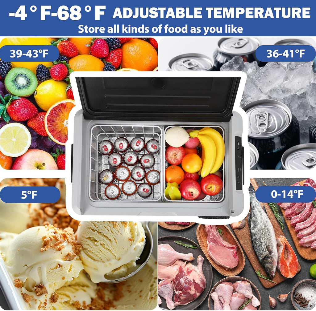 12 Volt Refrigerator, 37QT(35L) 12V Car Refrigerator, Portable Fridge Freezer Electric Cooler Dual Zone 12V/24V DC 110-240V AC, -4℉～68℉, Car Fridge with Wheels Baskets for Car, RV, Boat, Camping, Home