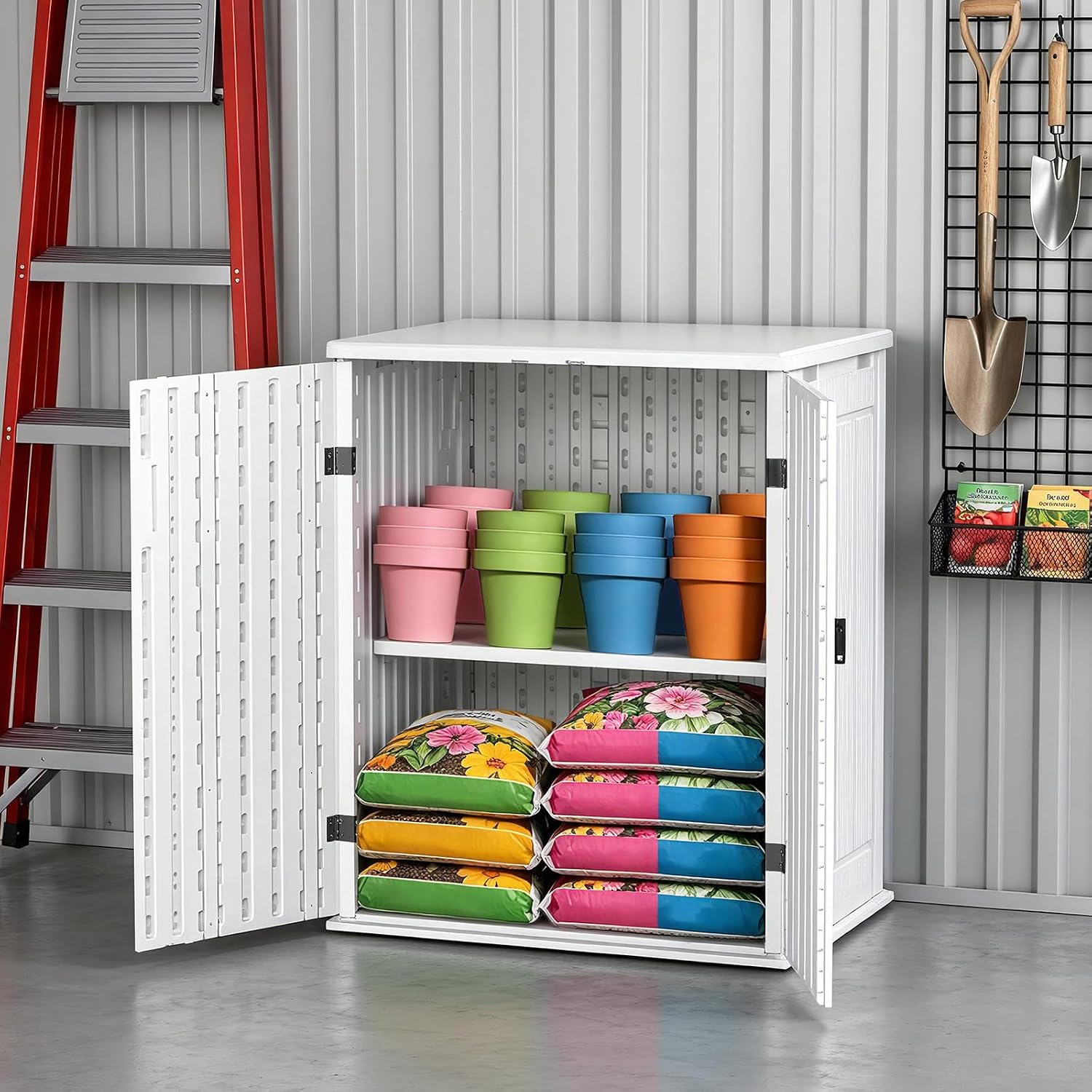 Outdoor Storage Cabinet with 2 Shelves, Waterproof Resin Vertical Tool Shed, Lockable 15 cu. ft. Storage Shed for Patio, Garden, Yard, Dark White