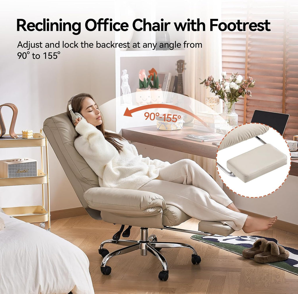 EMIAH Office Chair with Foot Rest Criss Cross Chair with Wheels and Flip-up Arms Reclining Desk Chair Comfy Wide Seat PU Leather Rolling Computer Home Office Chair (Beige)