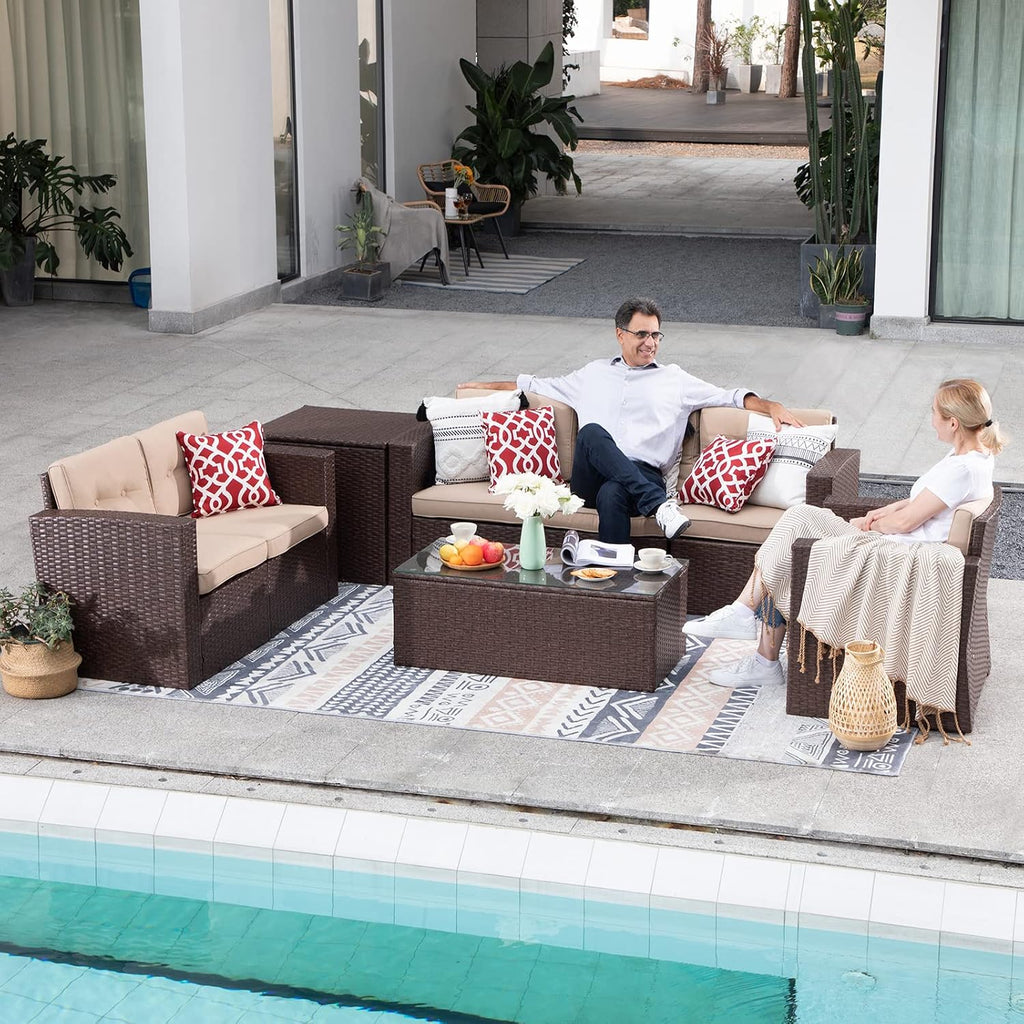 Super Patio 8 Pieces Outdoor Patio Furniture Set, Wicker Patio Conversation Sets with Storage Box, Rattan Outdoor Sectional Sofa Set with Cushions and Coffee Table for Outside Porch, Deck, Brown