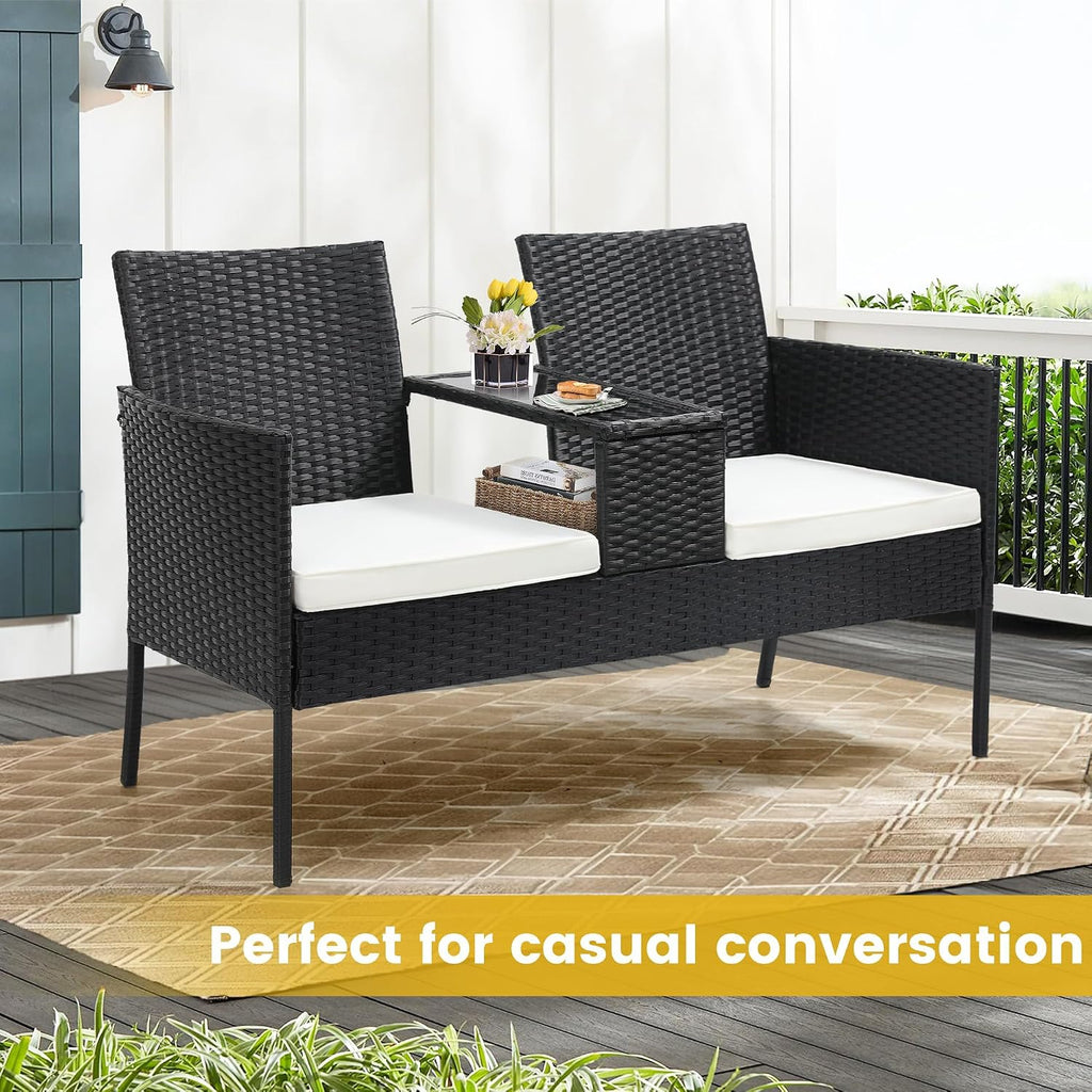 Kromax Wicker 2 Seat Patio Loveseat, Outdoor Rattan Loveseat with Table, Washable Cushion Covers, Backyard, Garden, Lawn, Black Rattan with White Cushion