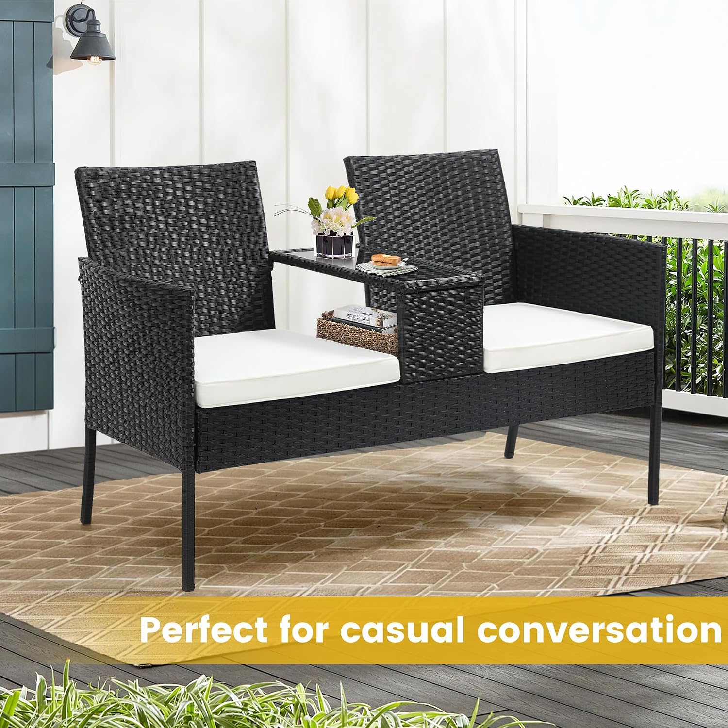 Kromax Wicker 2 Seat Patio Loveseat, Outdoor Rattan Loveseat with Table, Washable Cushion Covers, Backyard, Garden, Lawn, Black Rattan with White Cushion