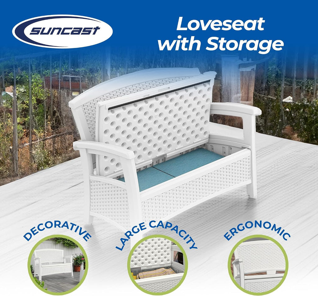 Suncast Elements Stylish Lightweight Loveseat Outdoor Seating with Convenient Built in Universal Storage, and All Weather Resin, White