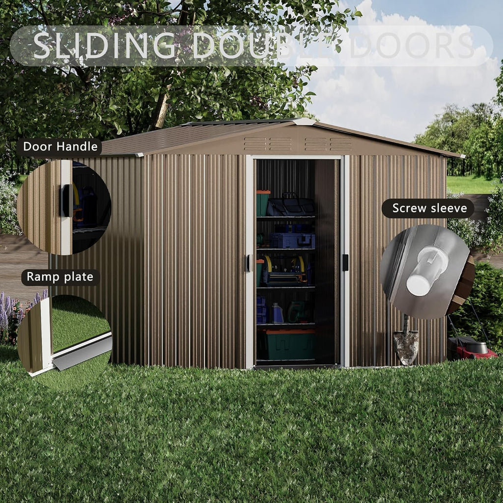 8 x 6 FT Outdoor Storage Shed with Frame Floor, Waterproof Lockable Door Metal Tool Shed with Sliding Door and Ventilation, Gardening Tool Storage Room, Metal Storage Shed for Gardens & Lawns