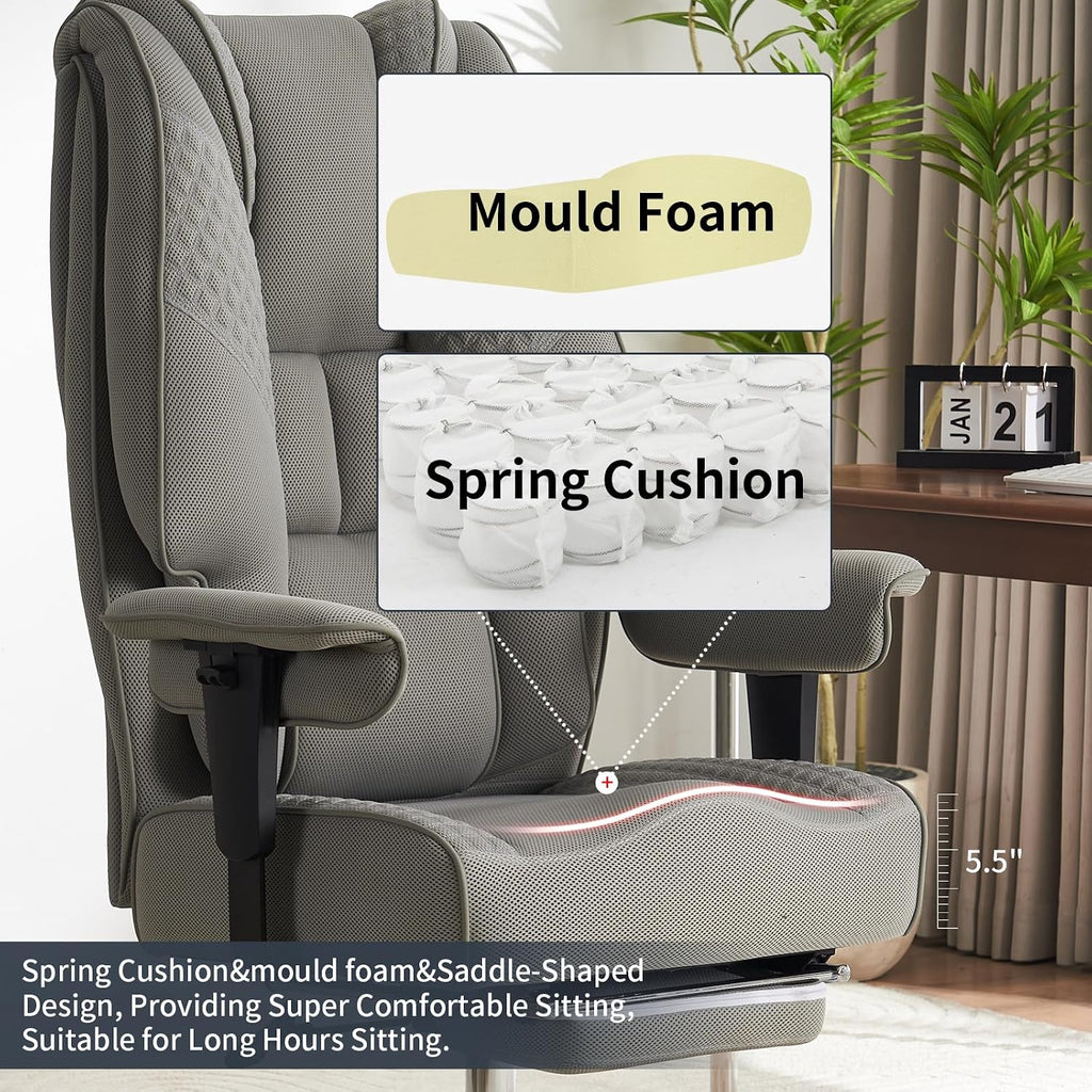 EXCEBET Big and Tall Office Chair 400lbs Wide Seat, Leather High Back Executive Office Chair with Foot Rest, Ergonomic Chairs Lumbar Support for Lower Back Pain Relief (Mesh Light Grey)