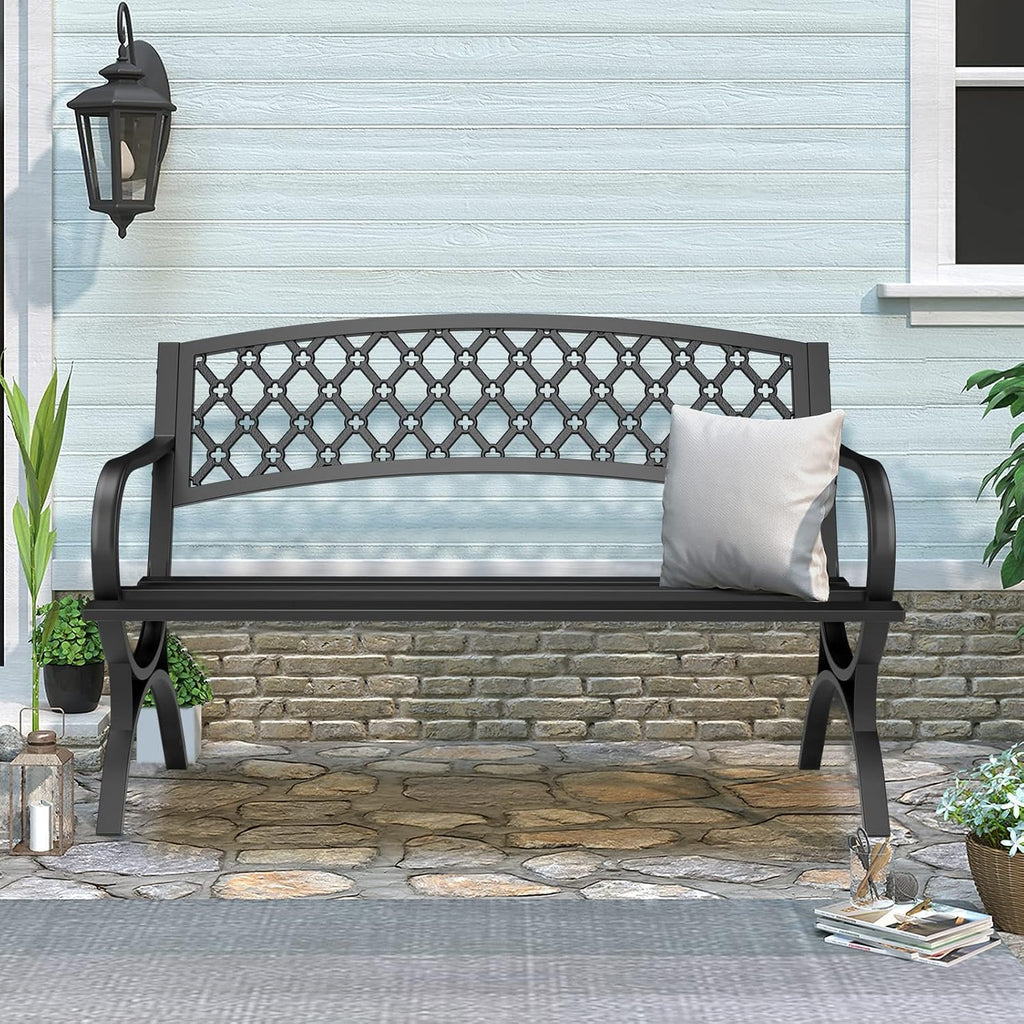 Outdoor Bench Garden Benchs, Weatherproof Anti-Rust Heavy-Duty Outside Bench Clearance, Wrought Iron Metal Bench for Front Porch, Patio, Park, Ergonomic Backrest, Slatted Seat