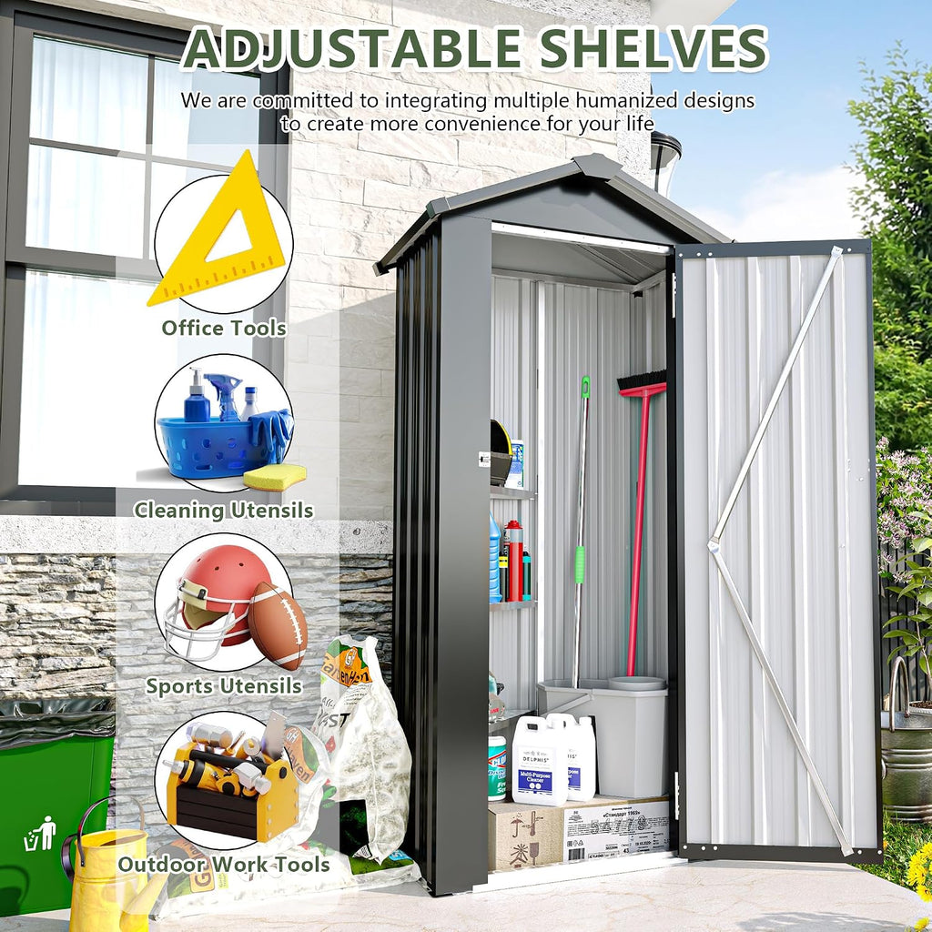 KEIKI Outdoor Metal Storage Shed 2.5' x 1.4', Lockable Tool Cabinet with Sloping Roof, Small Vertical Garden Storage for Backyard, Patio, Lawn, Black