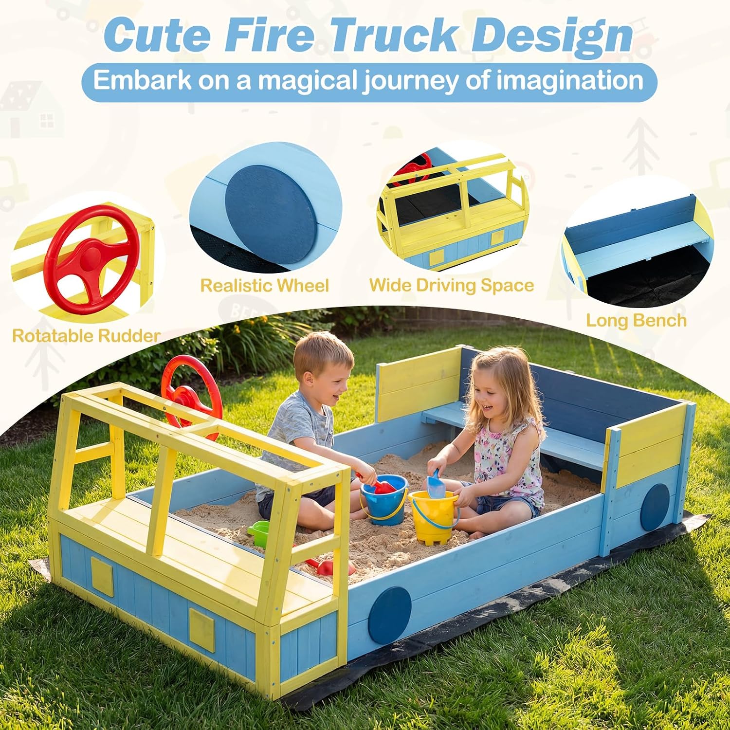 Costzon Sandbox, Fir Wood Car-Theme Sand Pit with Bottom Liner, Rotatable Rudder & Bench Seat for Kids Aged 18+ Months, Outdoor Playset for Backyard, Beach and Patio (Blue, Yellow)