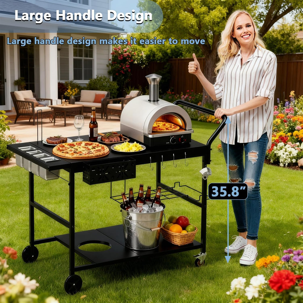 47' Outdoor Pizza Oven Table with Wheels, Pizza Oven Cart for Outside with Propane Tank Holder, Heavy Duty Pizza Oven Stand Prep Table for BBQ Patio Backyard Cooking