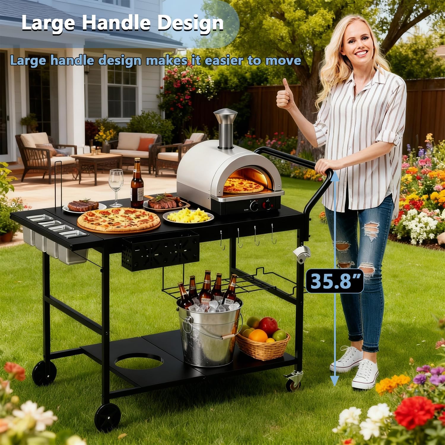 47' Outdoor Pizza Oven Table with Wheels, Pizza Oven Cart for Outside with Propane Tank Holder, Heavy Duty Pizza Oven Stand Prep Table for BBQ Patio Backyard Cooking